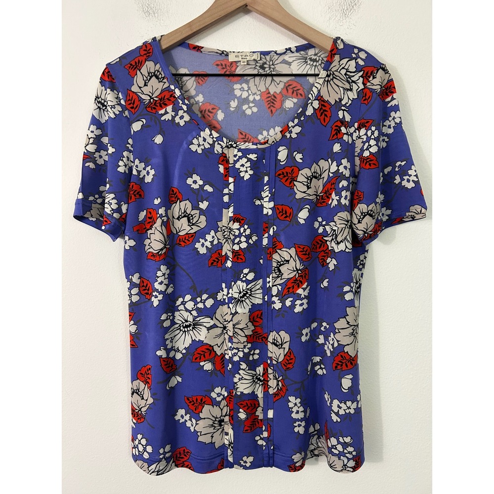 Etro Milano Blue Floral Pleated Front Short Sleeve Blouse Top Italy Size 48